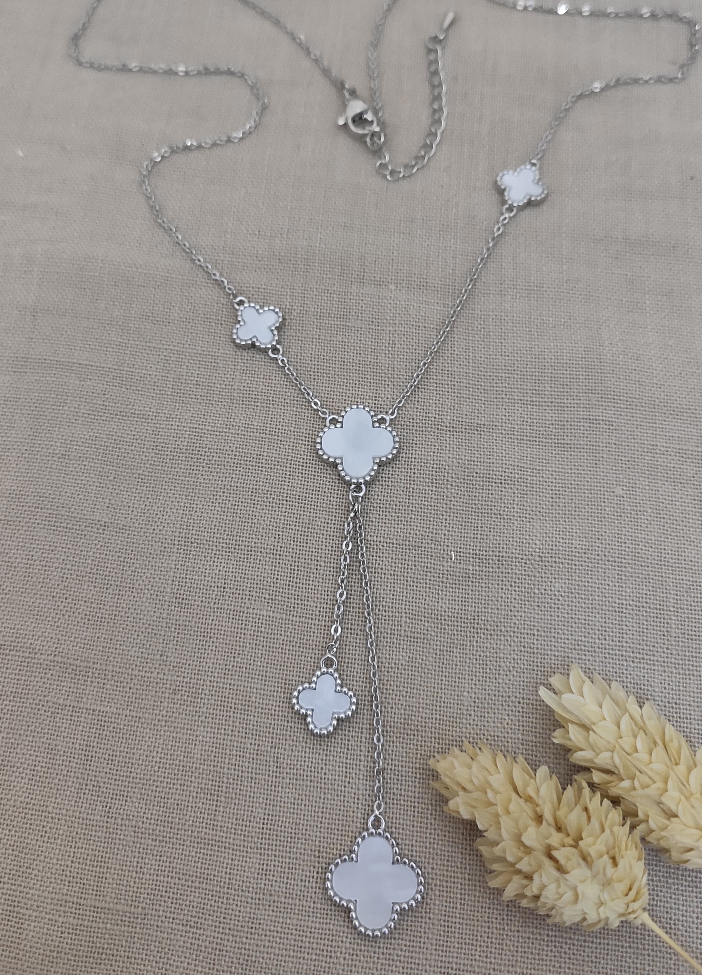 Long Necklace with Silver-Toned Clover Details and Pendants on a Gold-Plated Chain