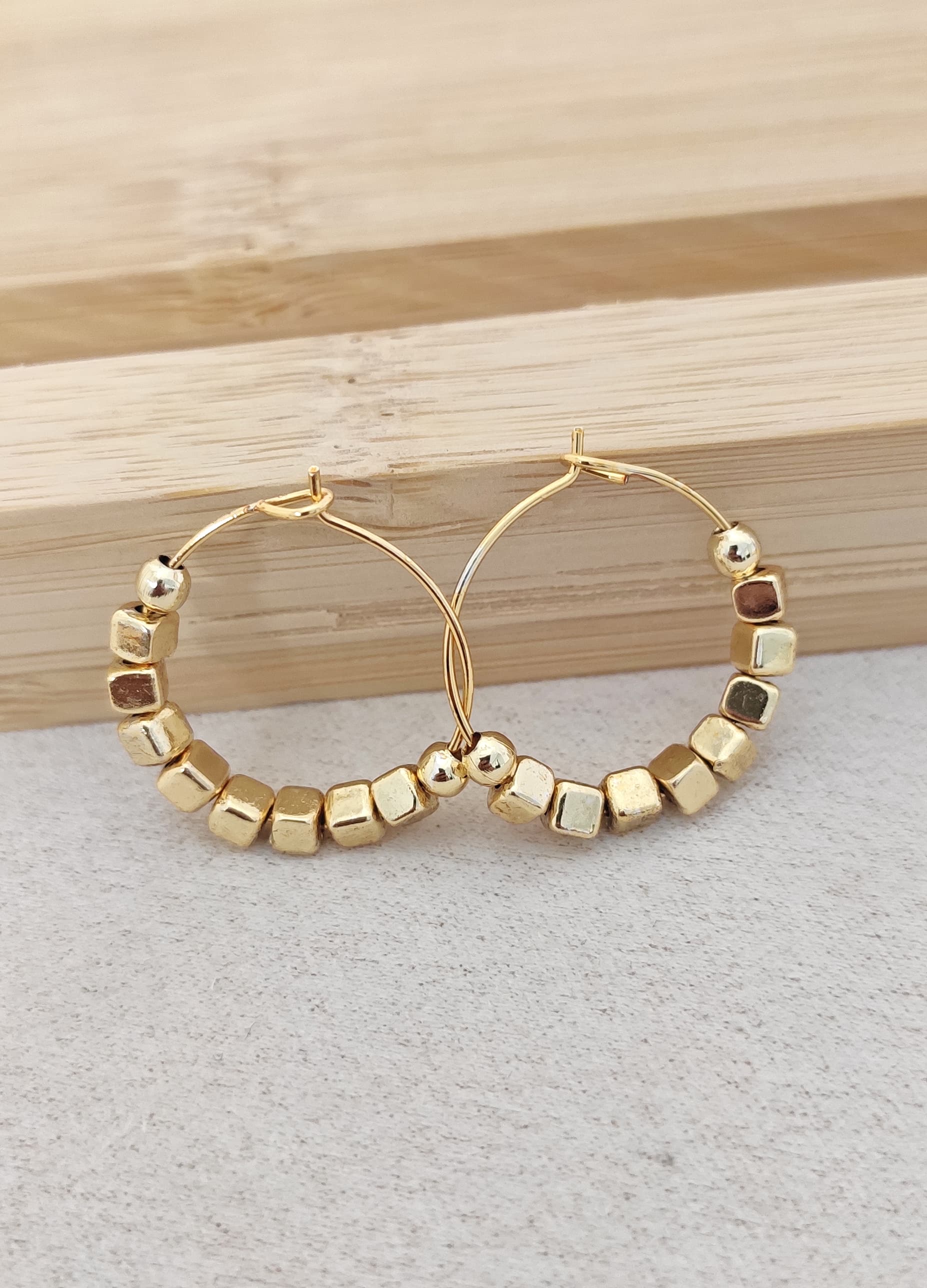 Gold Plated Brass Small Yellow Ball Detailed Hoop Earrings