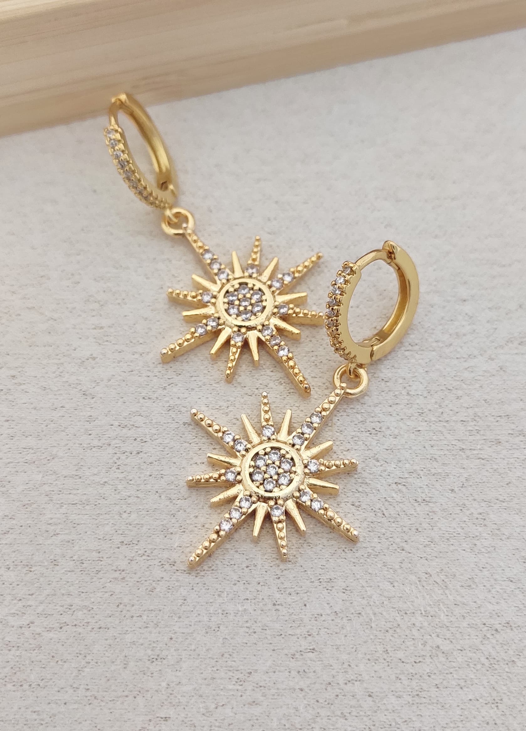Brass Gold Plated Zircon Stone Pole Star Dangle Hoop Earrings