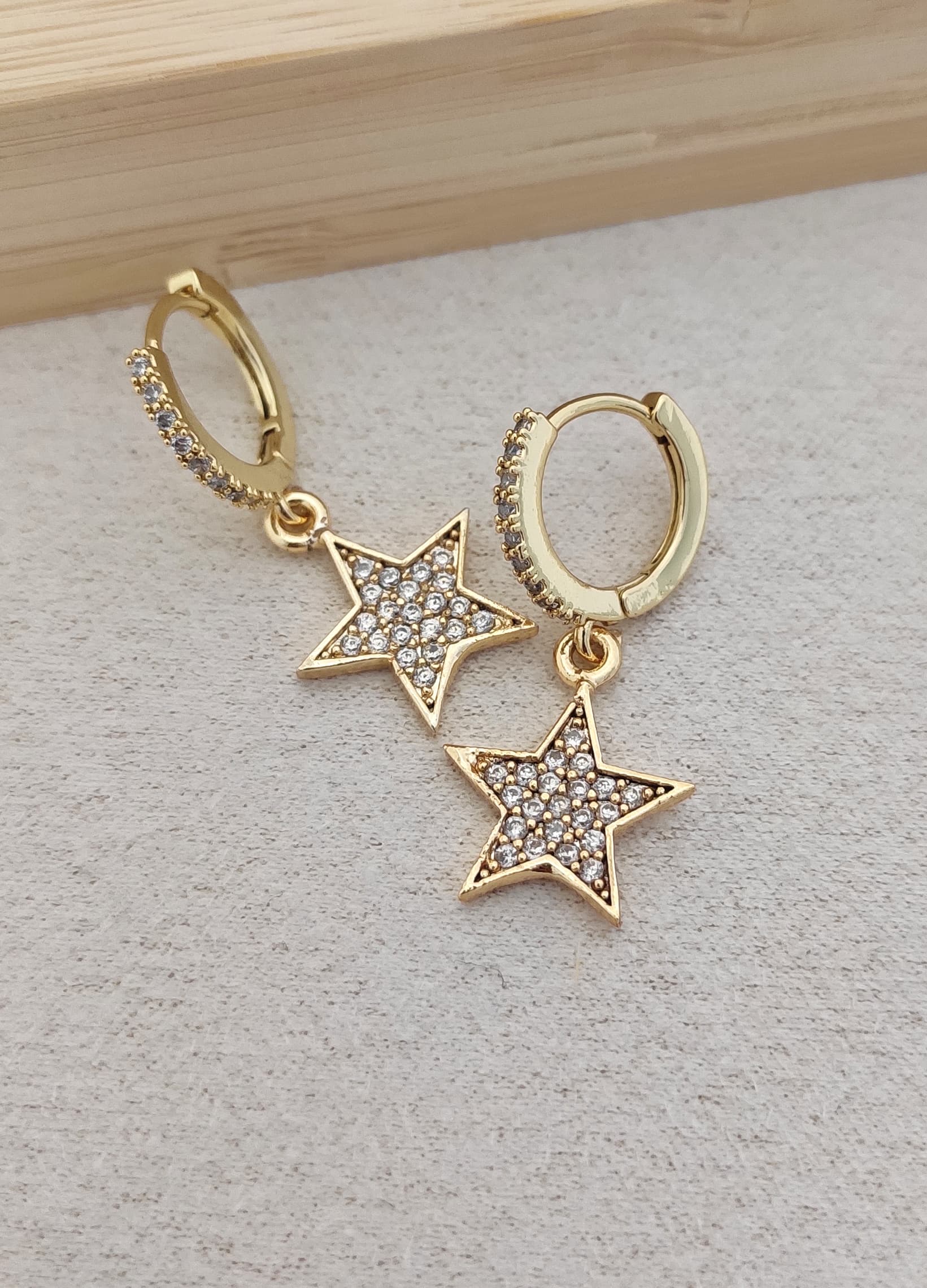 Gold-Plated Zircon Star Dangle Hoop Earrings