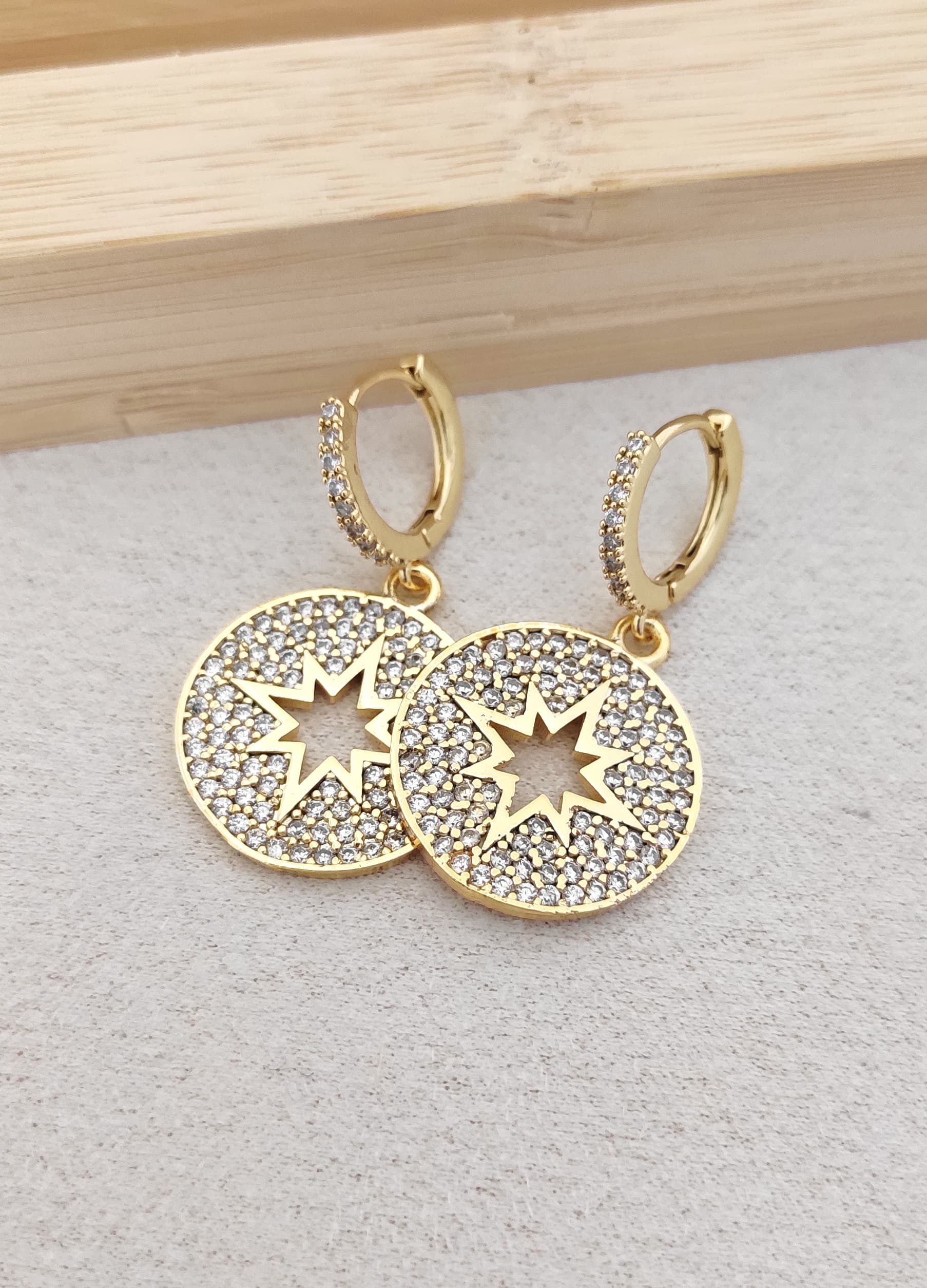 Brass Gold Plated Zircon Stone Pole Star Dangle Hoop Earrings