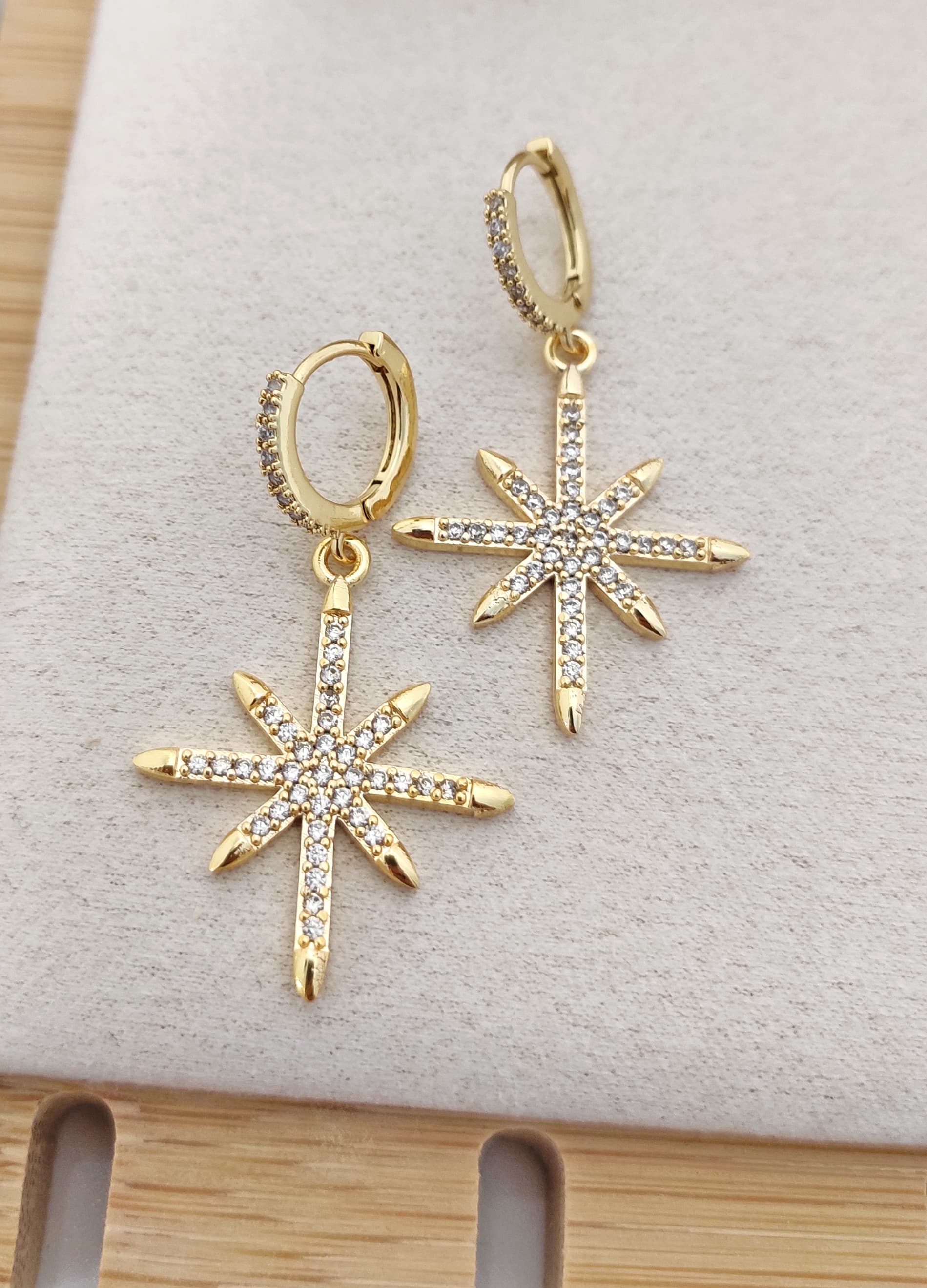 Brass Gold Plated Zircon Stone Pole Star Dangle Hoop Earrings