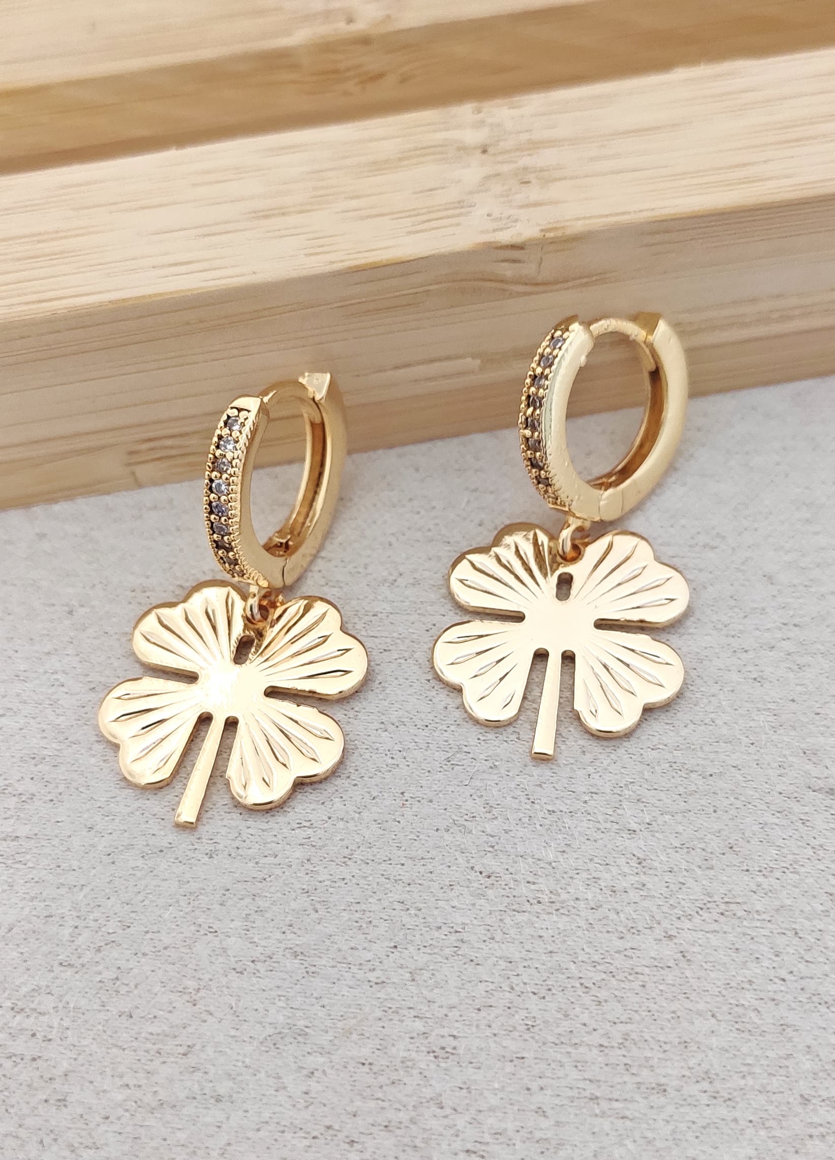 Brass with Gold Plating, Clover-Shaped Dangle Earrings with Zircon Stones