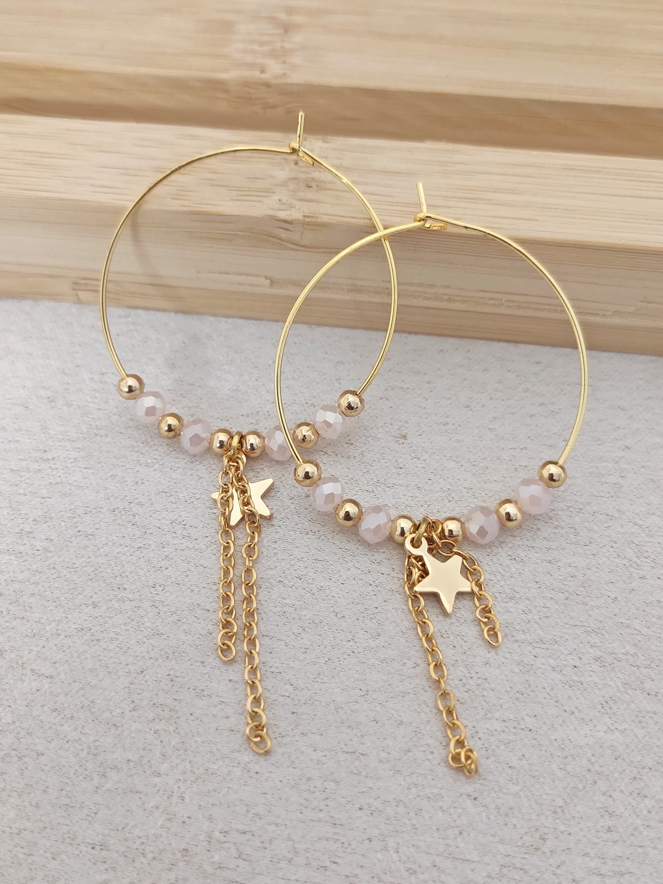 Gold Plated Brass Star and Chain Dangle Earrings with Crystal Stone