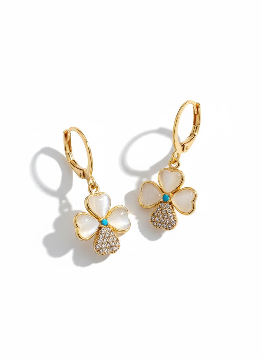 Gold Plated Brass Clover Pendant Earring with Zircon Stone and Mother of Pearl