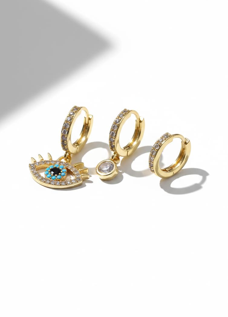 Gold Plated Brass Zircon Stone Eye and Gemstone Hoop Earring Set