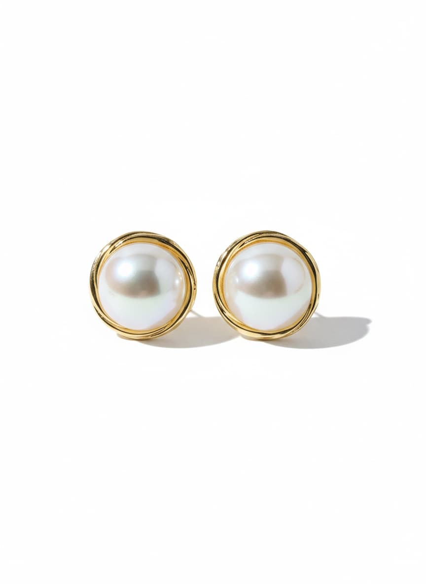 Gold Plated Zircon Stone and Plastic Pearl Detailed Nail Earrings on Brass