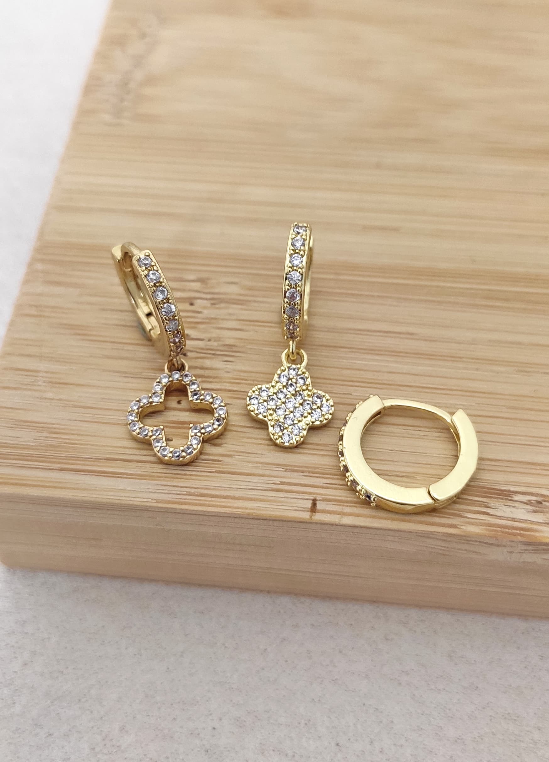 Gold Plated Brass Zircon Stone Clover Detailed Triple Earrings