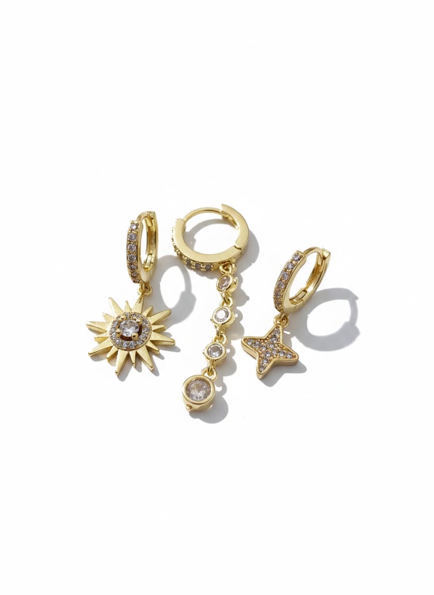Gold Plated Brass Clover, Sun and Zircon Stone Dangle Combination Earrings