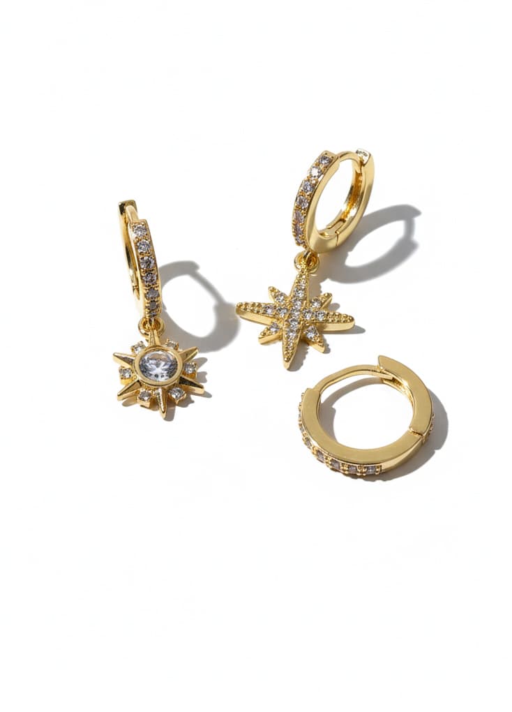 Brass Gold Plated Zircon Stone Sun and Pole Star Hoop Earring Set