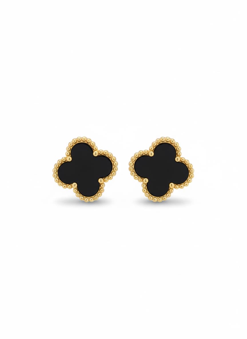 Gold Plated Black Mother-of-Pearl Stone Clover Earrings in Brass