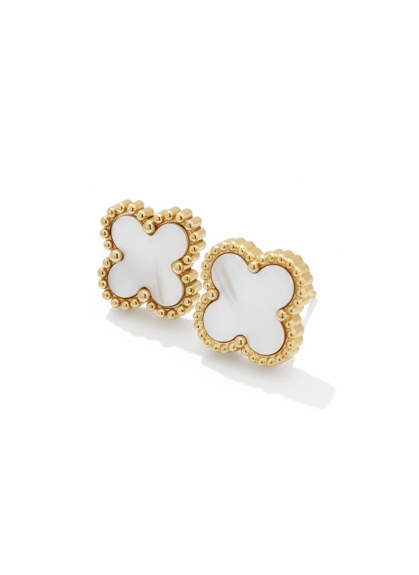 Gold Plated White Mother-of-Pearl Stone Clover Earrings in Brass