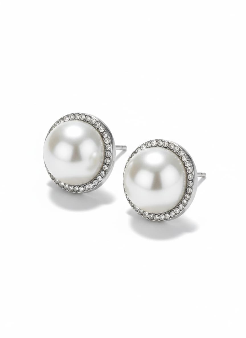 Stud Earrings with Silver Tone Zircon Stone and Plastic Pearl Detailed on Brass