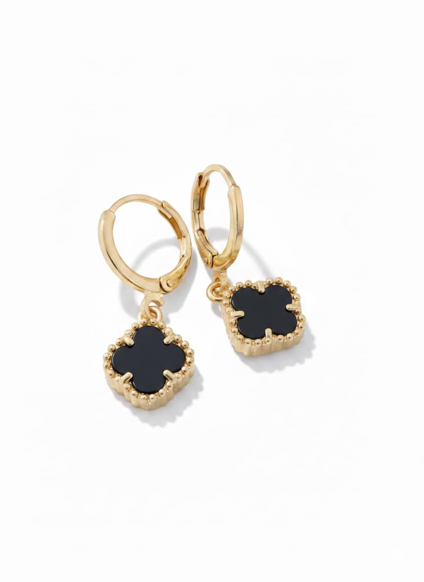 Gold Plated Brass Black Clover Dangle Earrings