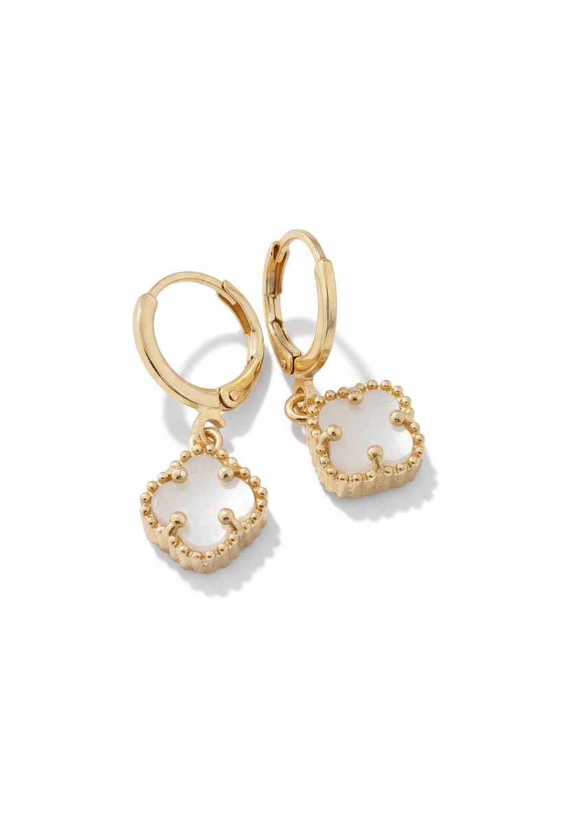 Gold Plated Brass White Clover Dangle Earrings