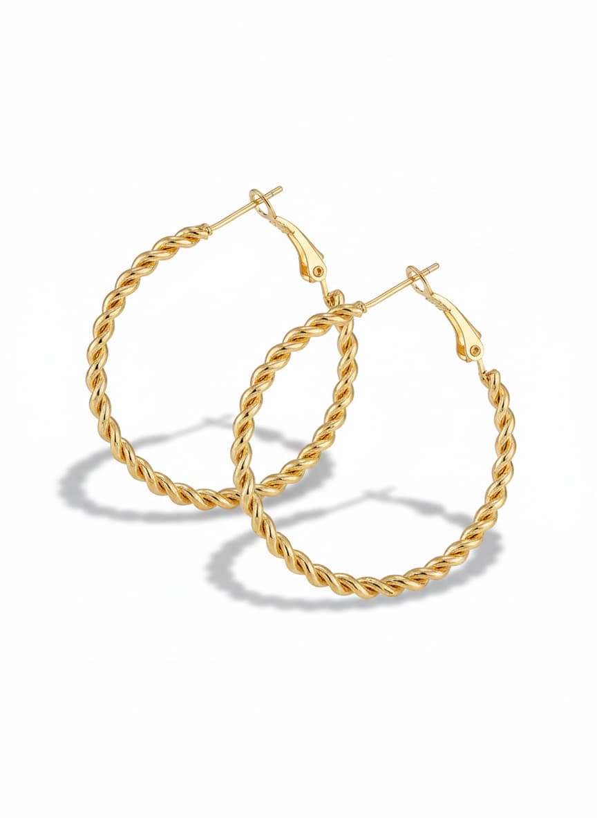 Gold Plated Brass Twist Model Big Hoop Earrings