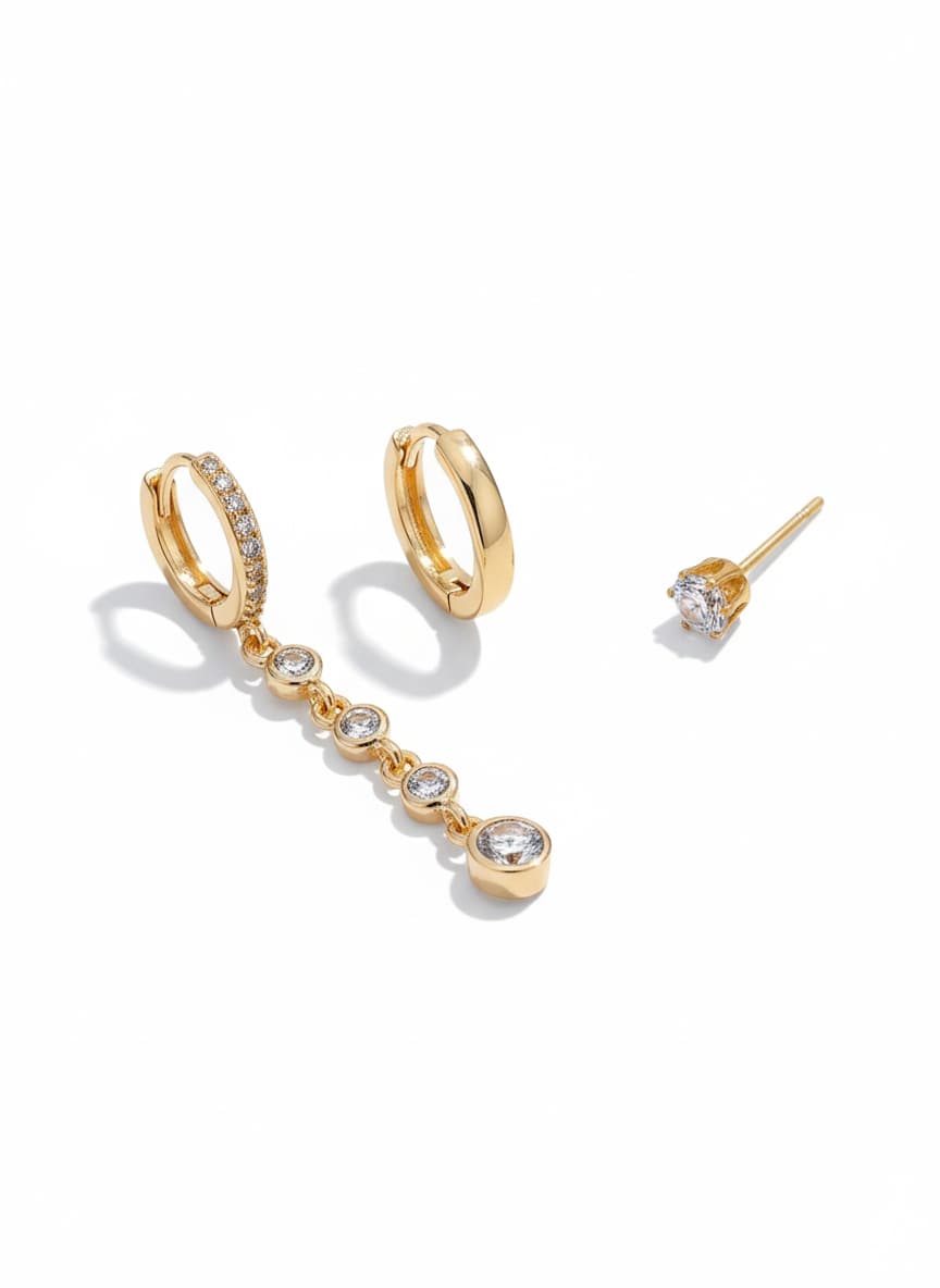 Gold-Plated Brass, Zircon Stone Triple Earring Set