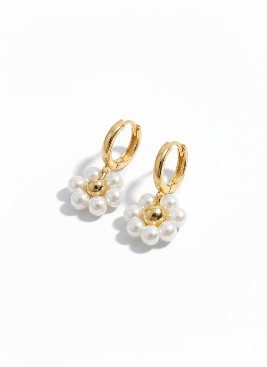 Brass Gold Plated Plastic Pearl Dangle Hoop Earrings