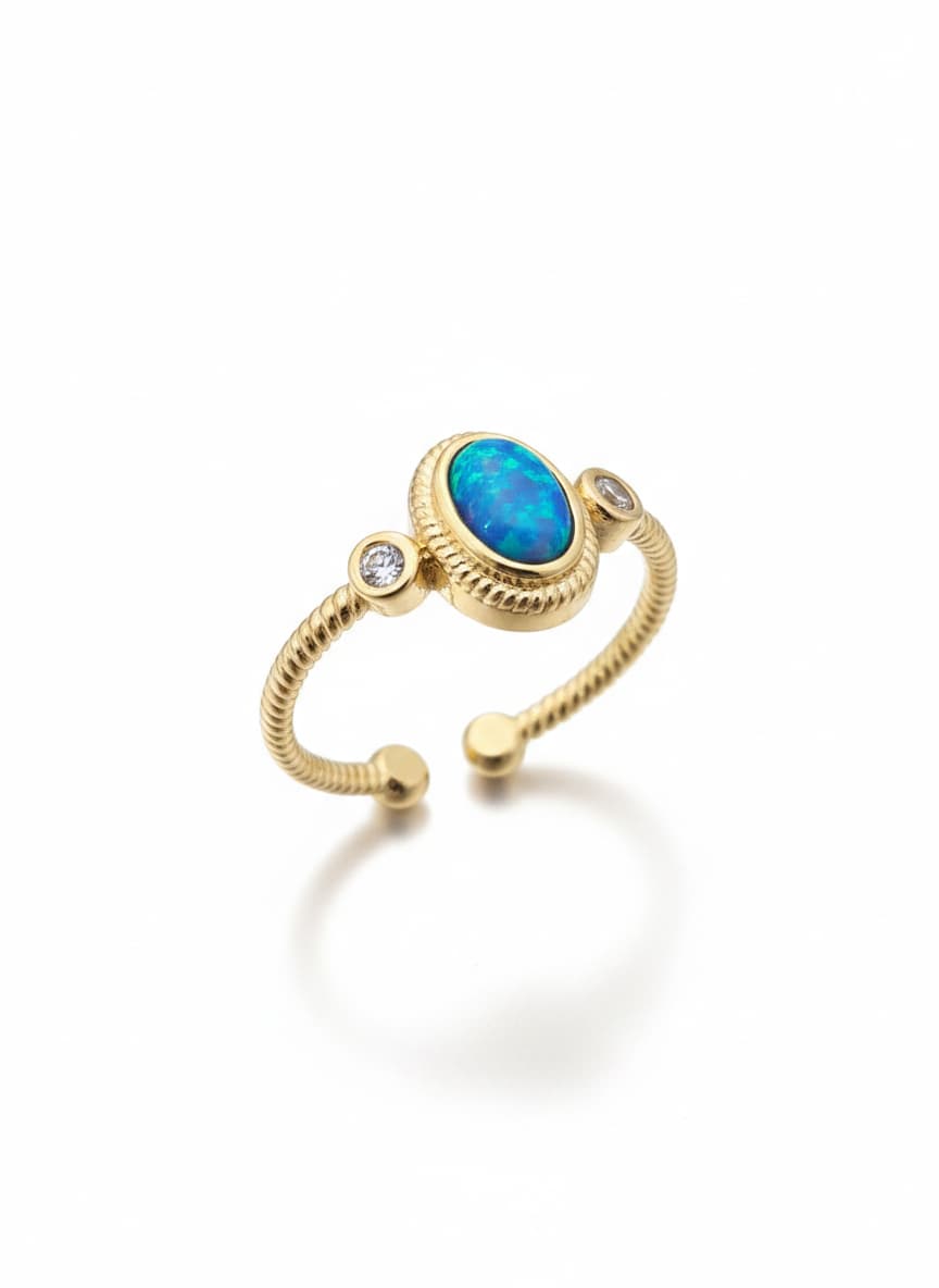 Adjustable Ring with Gold Plated Blue Opal Stone on Brass