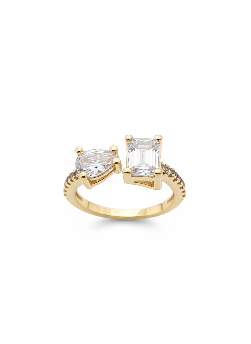 Gold Plated Baguette Stone Detail Adjustable Ring on Brass
