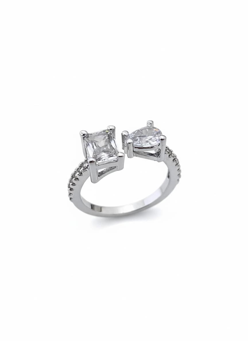 Silver Tone Baguette Stone Detail Adjustable Ring on Brass