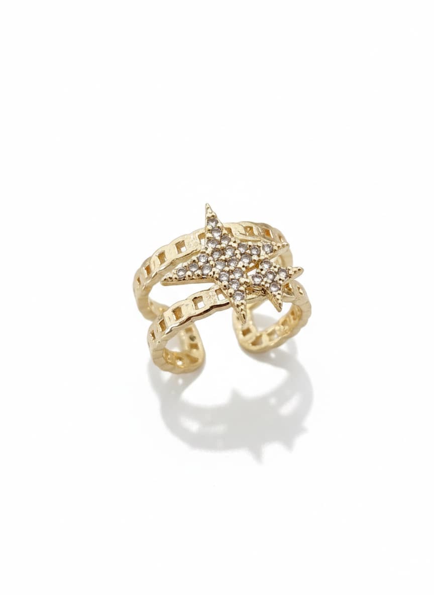 Gold Plated Zircon Stone Pole Star Detailed Adjustable Ring on Brass