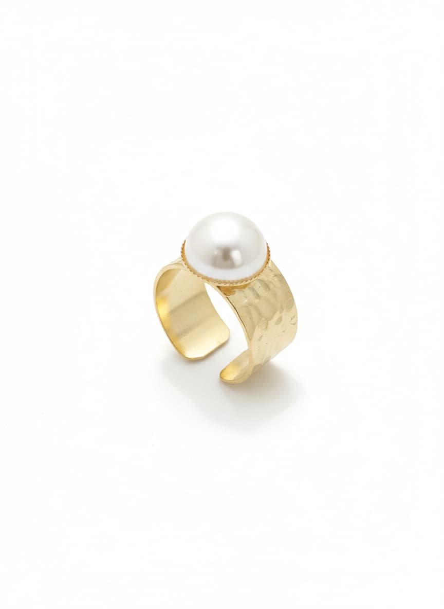 Gold Plated Brass Plastic Pearl Adjustable Ring