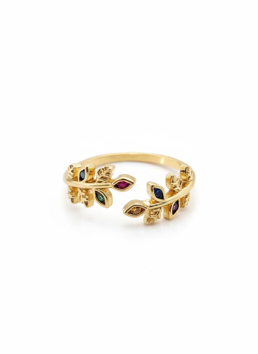 Adjustable Ring with Gold Plated Colored Zircon Stone and Leaf Pattern on Brass