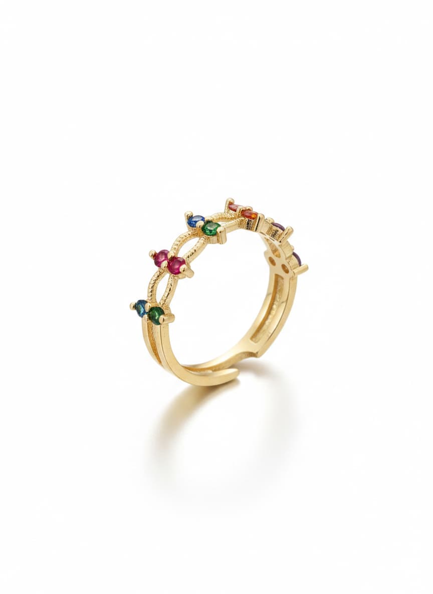 Adjustable Ring with Gold Plated Colored Zircon Stone on Brass