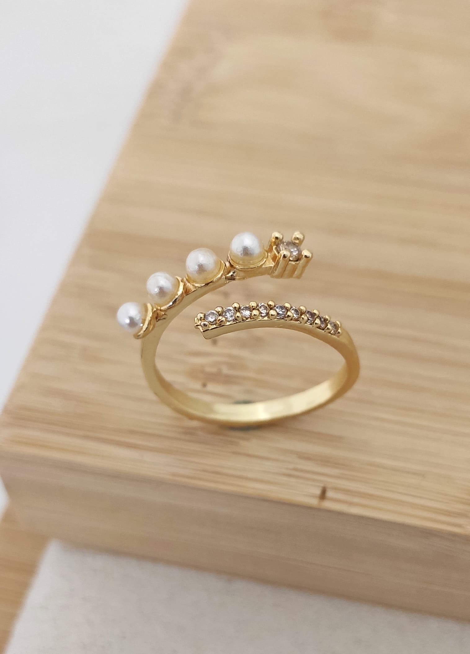 Adjustable Brass Ring with Gold Plated Pearl Details