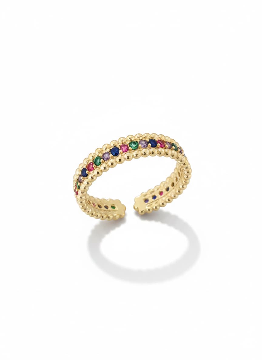 Adjustable Brass Ring with Gold Plated Colorful Zircon Stone Arrangement