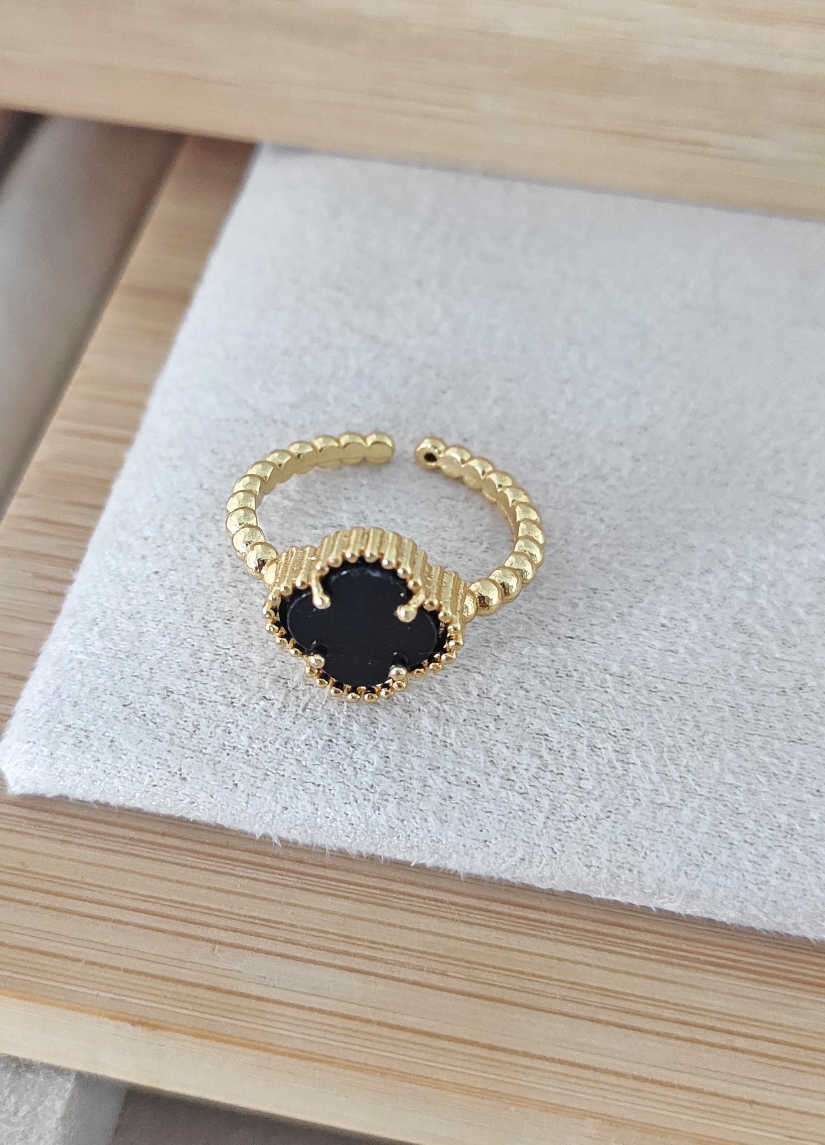 Gold Plated Black Pearl Stone Clover Adjustable Ring on Brass