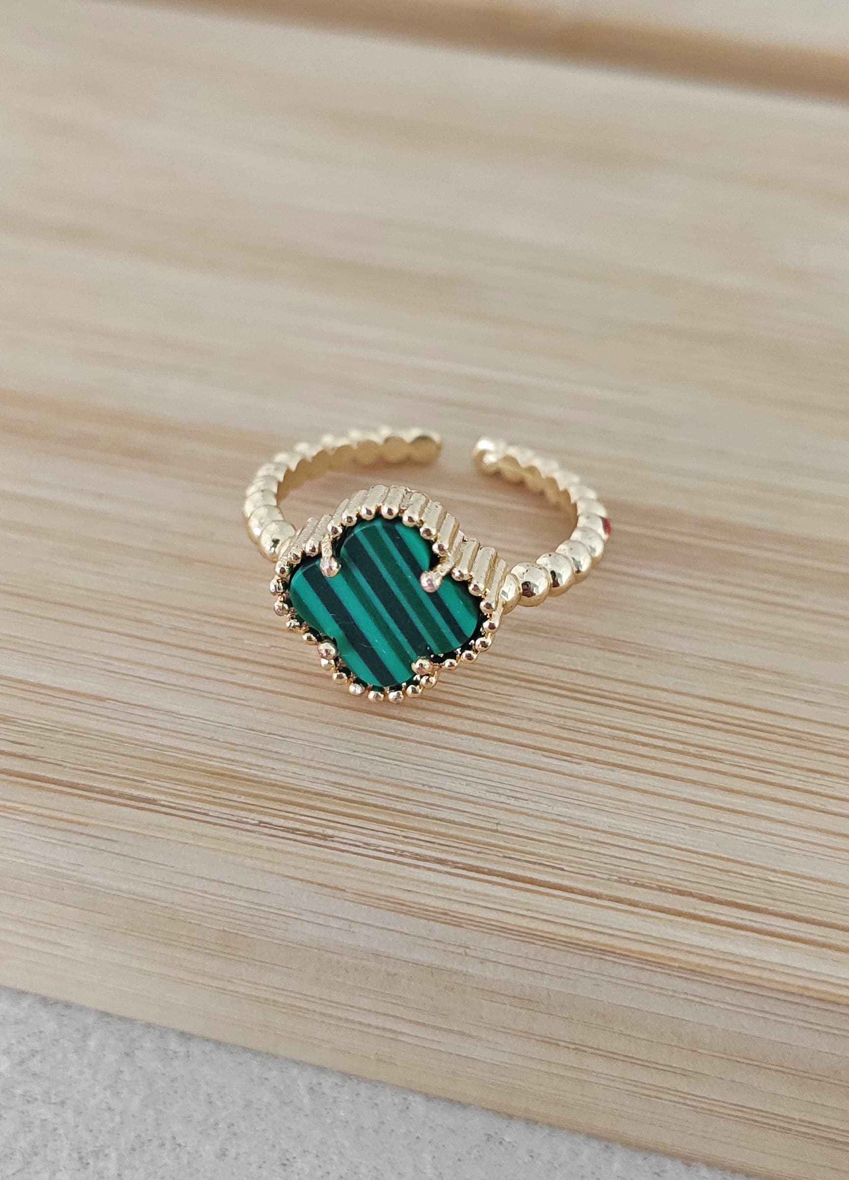Gold Plated Green Pearl Stone Clover Adjustable Ring on Brass