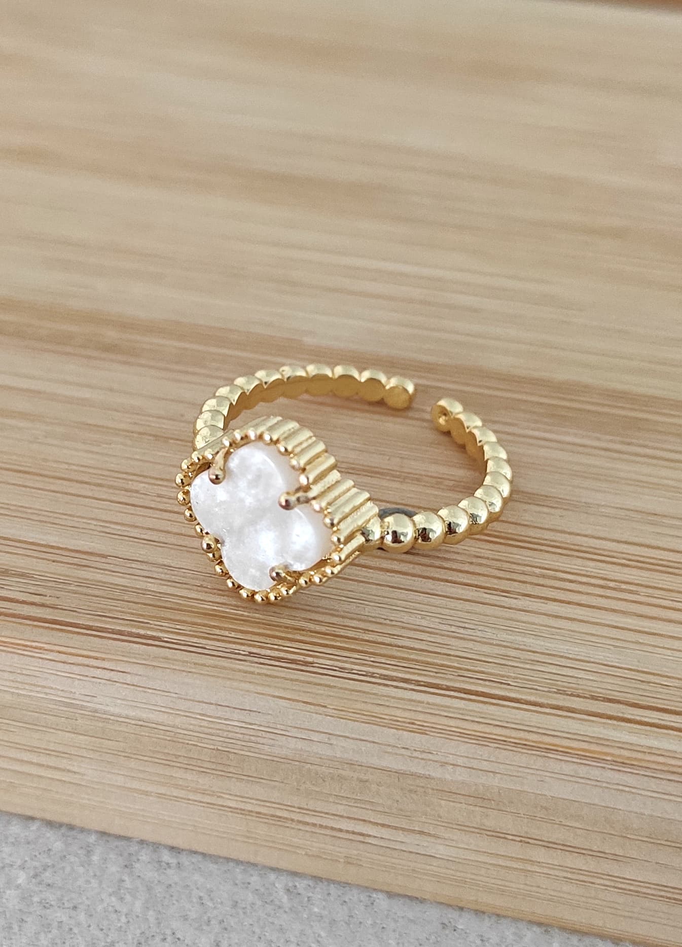 Gold Plated White Pearl Stone Clover Adjustable Ring on Brass