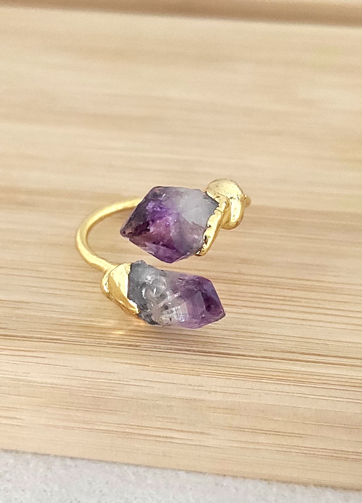 Gold Plated Amethyst Stone Set Adjustable Ring on Brass