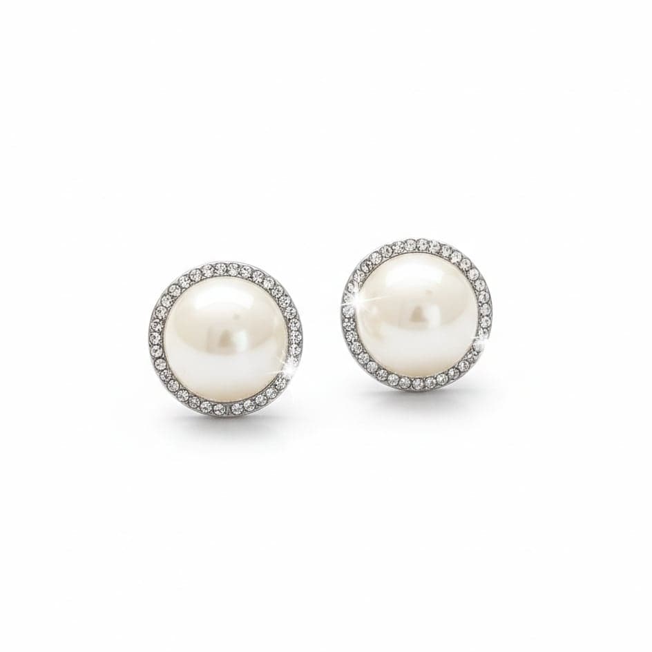 Stud Earrings with Silver Tone Zircon Stone and Plastic Pearl Detailed on Brass