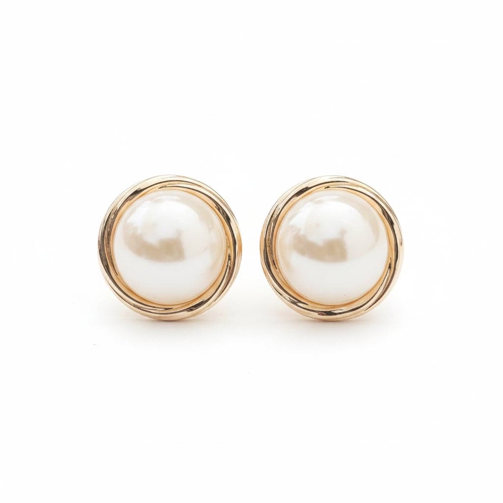 Gold Plated Zircon Stone and Plastic Pearl Detailed Nail Earrings on Brass