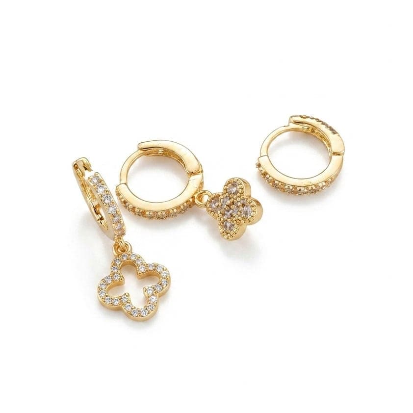 Gold Plated Brass Zircon Stone Clover Detailed Triple Earrings