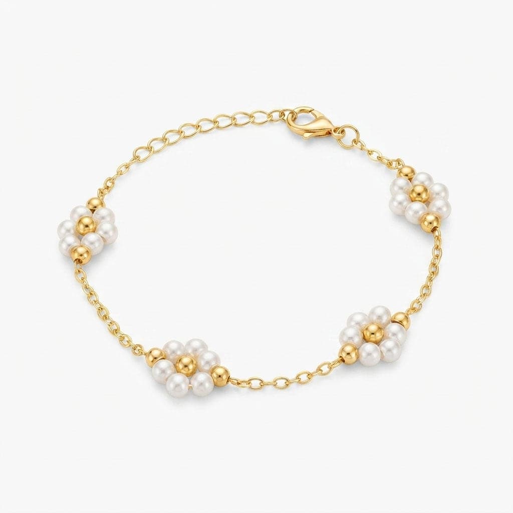 Gold Plated Brass Flower Patterned Plastic Pearl Detailed Bracelet