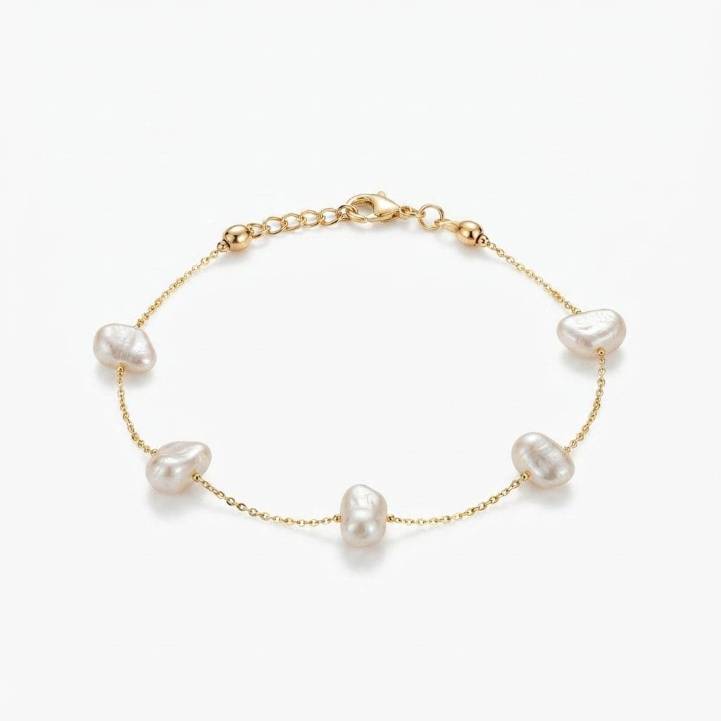 Gold Plated Brass Flower Patterned Plastic Pearl Detailed Bracelet