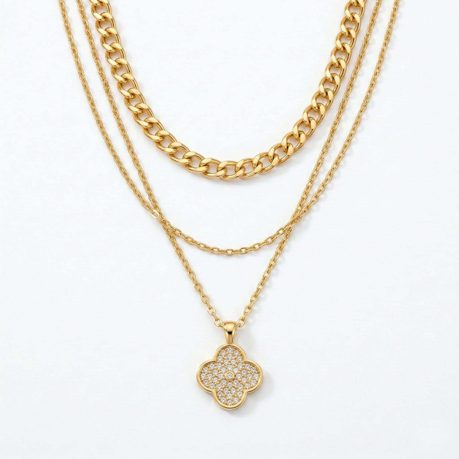 Gold Plated Brass Zircon Stone Clover Pendant Necklace
