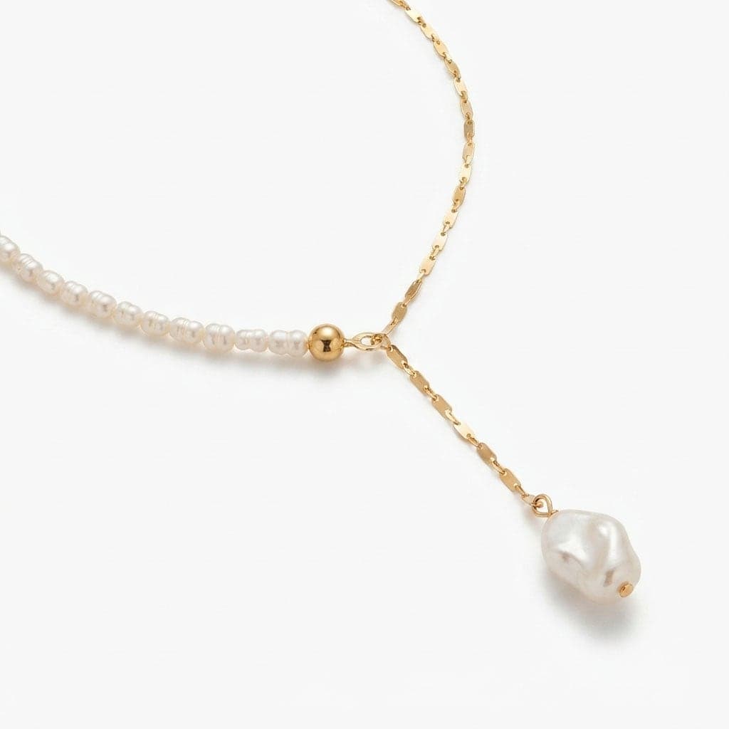 Gold Plated Plastic Pearl Dangle Necklace on Brass