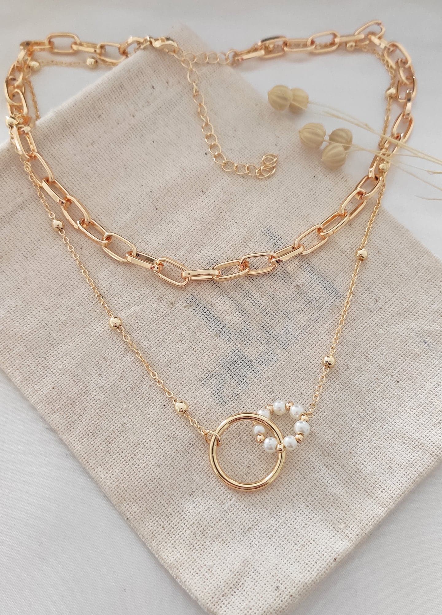 Gold Plated Brass Pearl Detailed Double Necklace