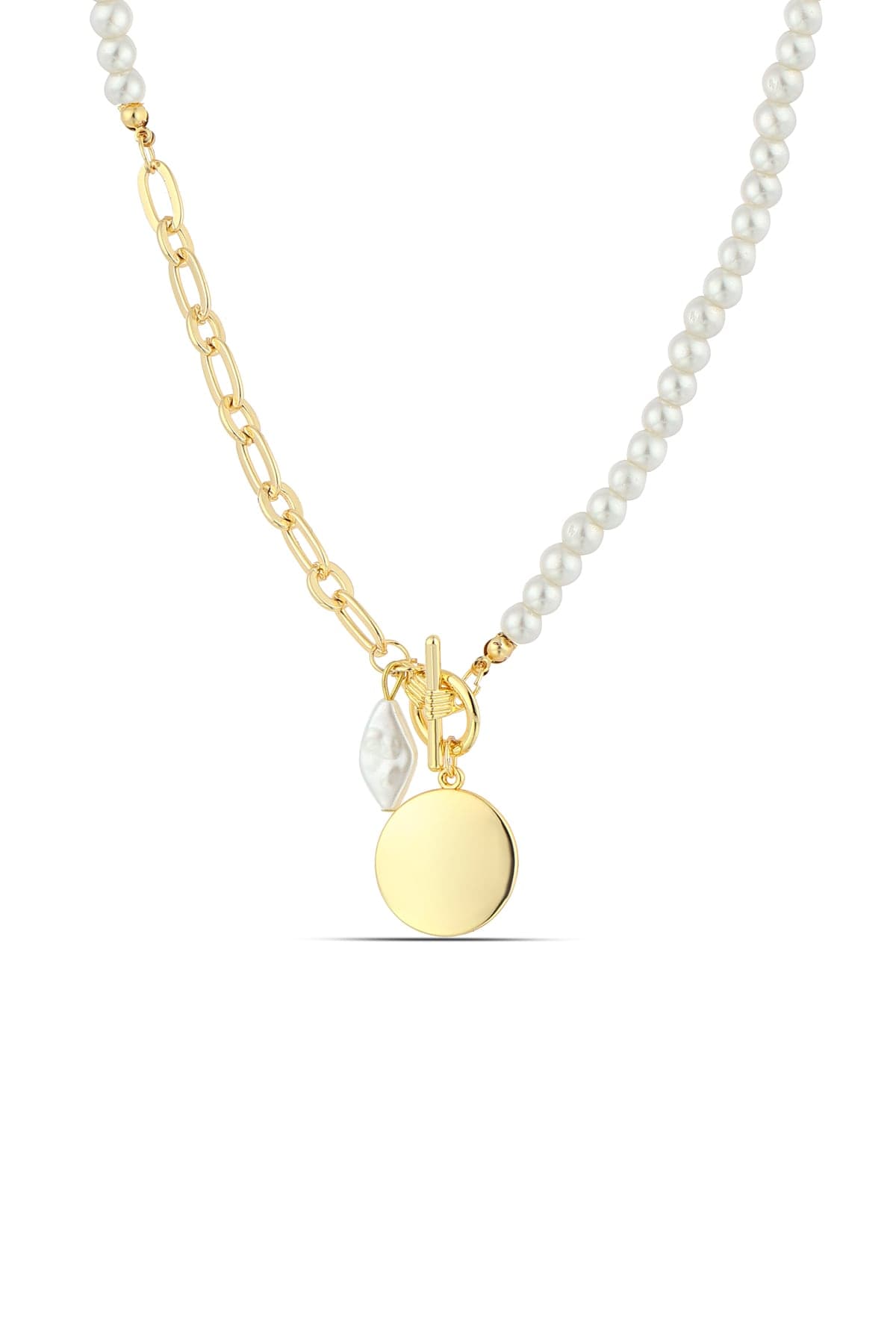 Gold Plated Brass Pearl Detailed Plate Pendant Necklace