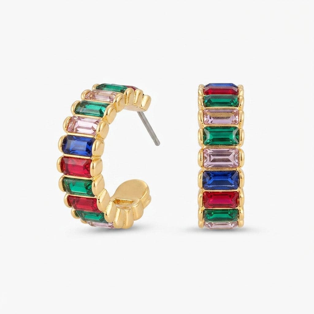 Gold Plated Brass Colorful Baguette Zircon Stone Detailed Earrings