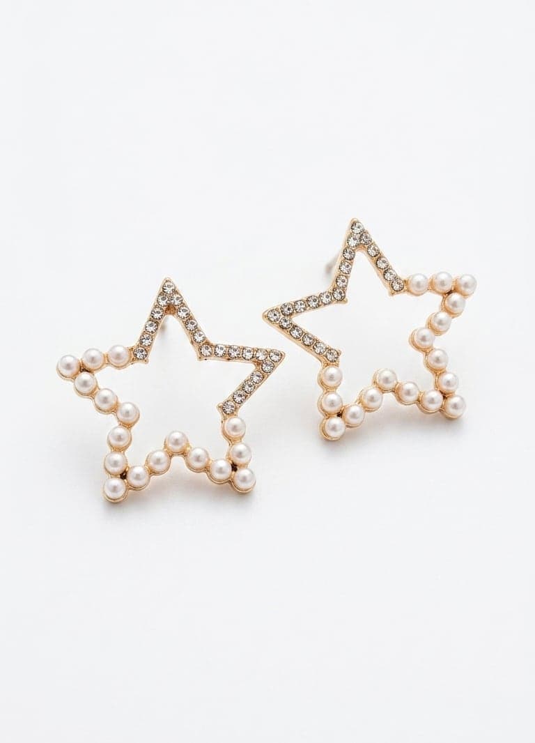 Gold Plated Plastic Pearl and Zircon Stone Lined Star Earrings on Brass
