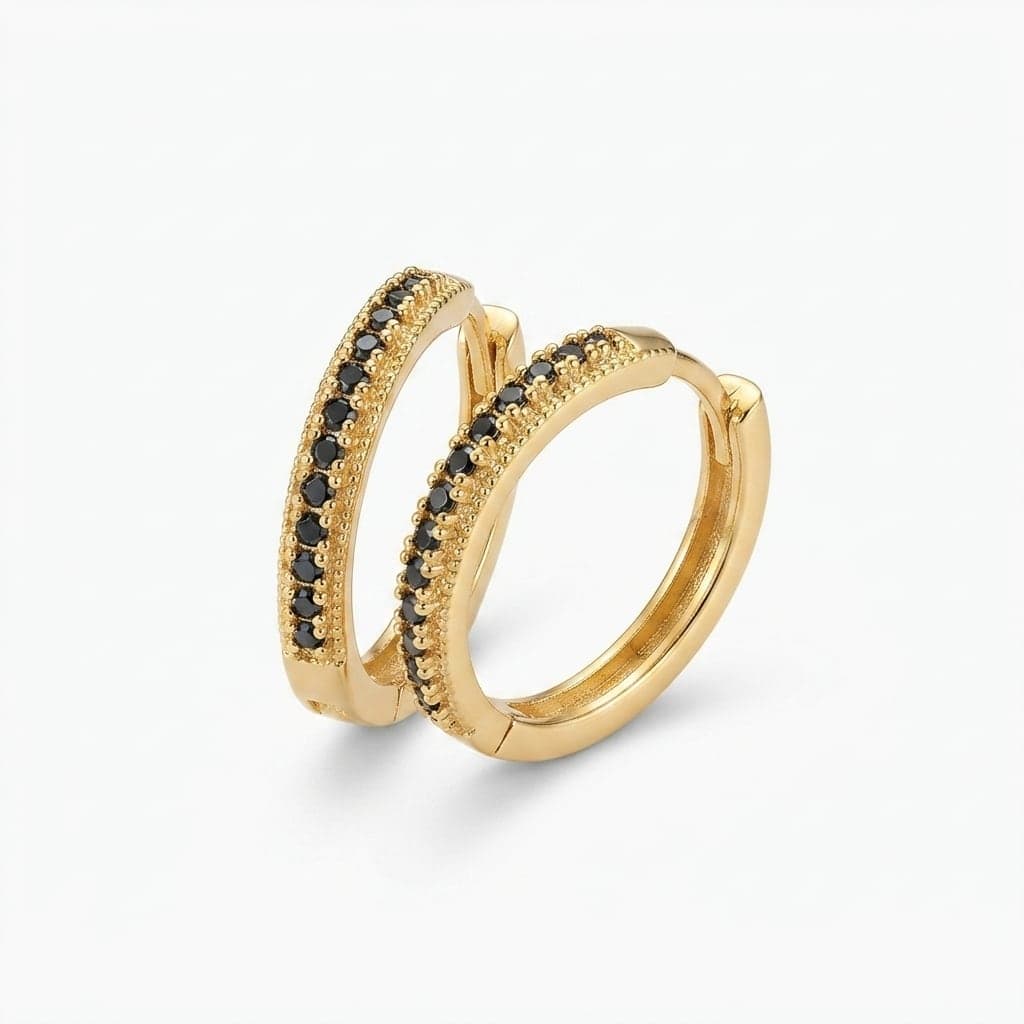Gold Plated Black Zircon Stone Detailed Hoop Earrings on Brass