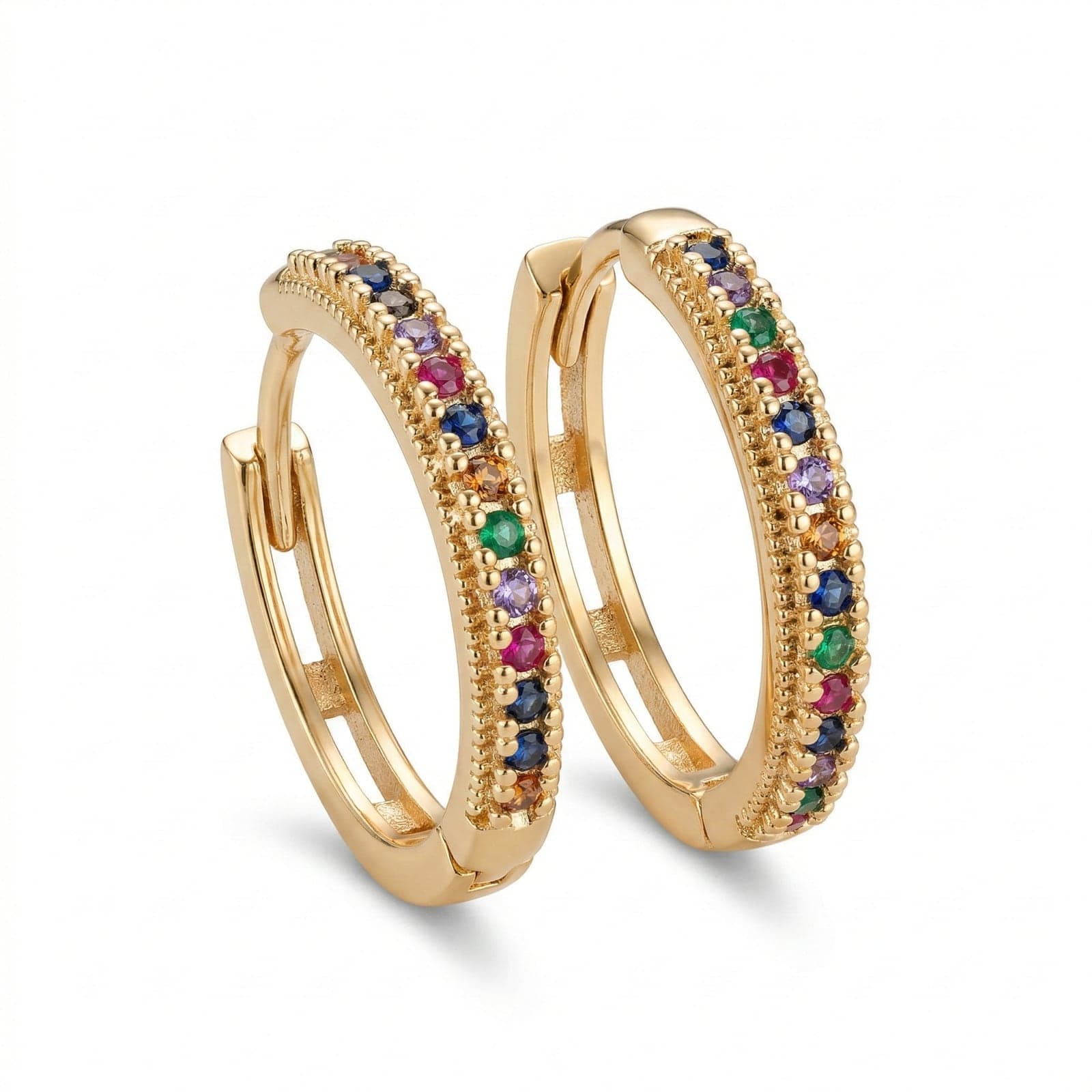 Gold Plated Brass Colored Zircon Stone Detailed Hoop Earrings
