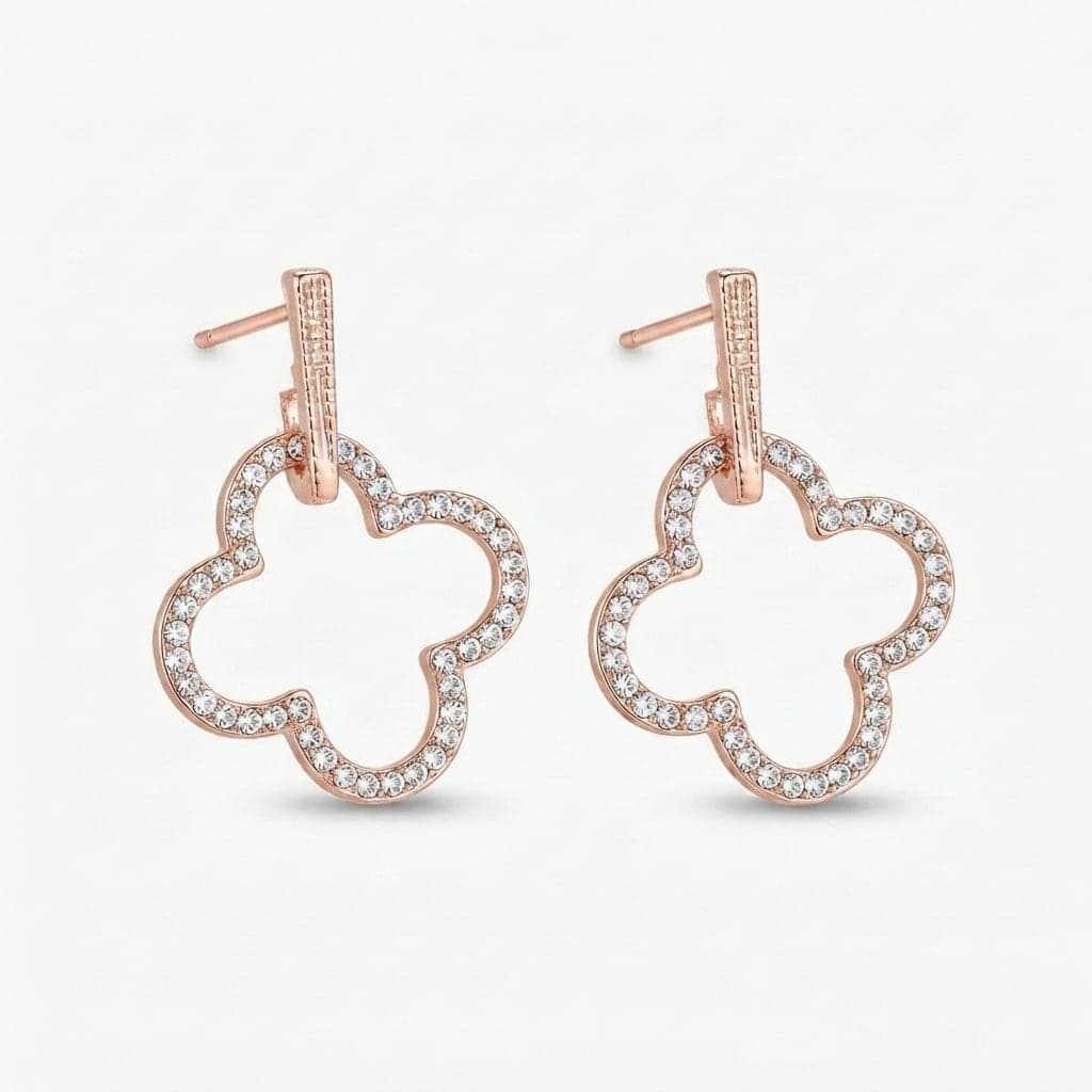 Gold Plated Zircon Stone Clover Dangle Earrings on Brass