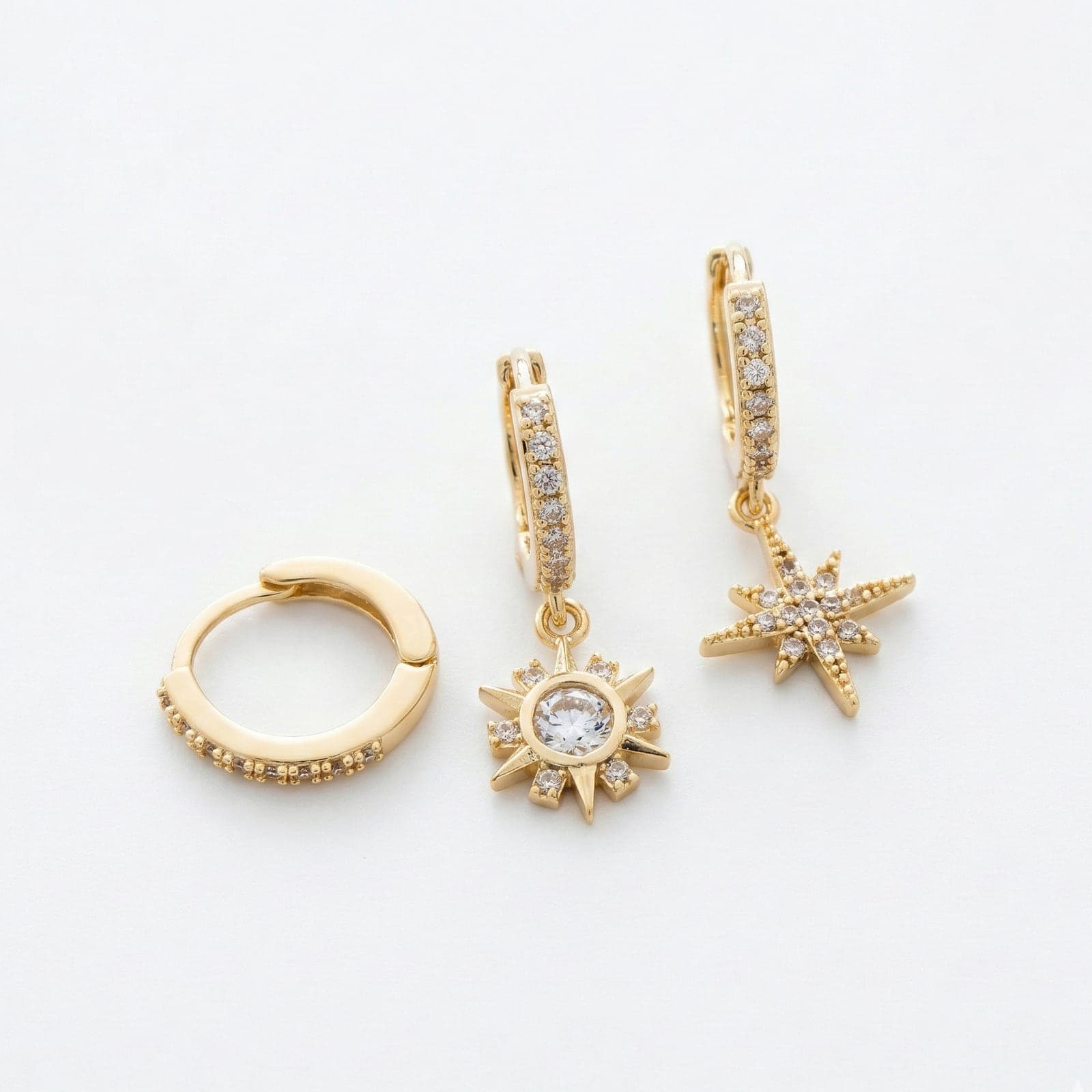 Brass Gold Plated Zircon Stone Sun and Pole Star Hoop Earring Set